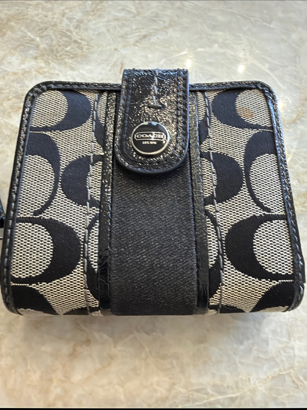 Coach Black and Cream Signature Compact Wallet